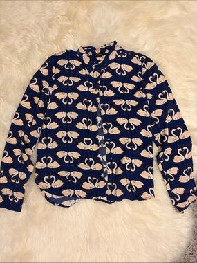 Navy Blue Long-Sleeve Button-Up Shirt with Swan Pattern